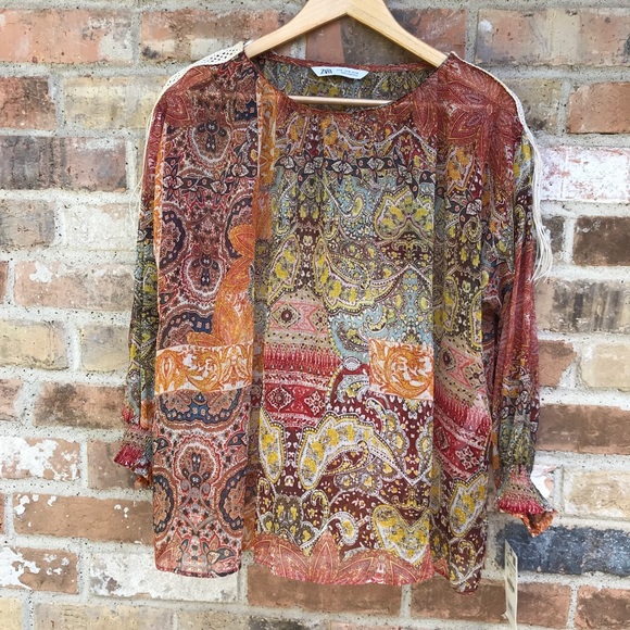 Zara Sheer Printed Tassel Blouse - Picture 1 of 6